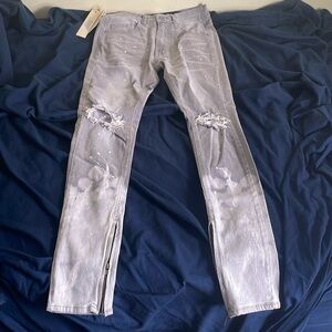 KDNK men’s grey ripped skinny jeans. Painters distressed ankle zip jeans.